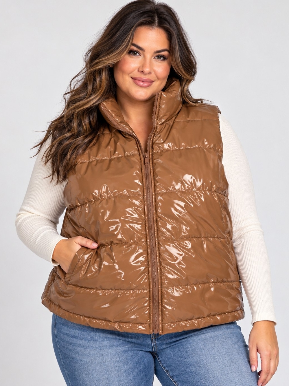 Daisy Women’s 2X Glossy Brown Puffer Vest Faux Leather Y2K Zip Up Plus Size